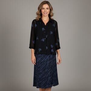 VTG AliMiles 3 Pcs Reversible Dress Lined Sheer Blouse Black/Blue Floral Large